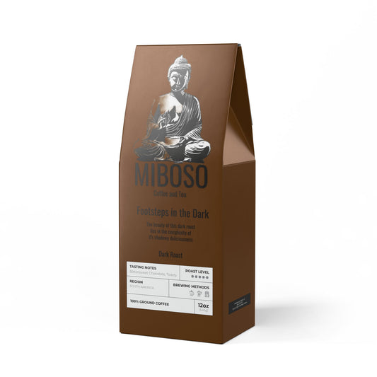 DUO MODERN 'Footsteps in the Dark' Dark French roast coffee. 12oz package with bittersweet, toasty flavor profile, rich cocoa, and toasted nuts. Sourced from South America, roasted in the USA."