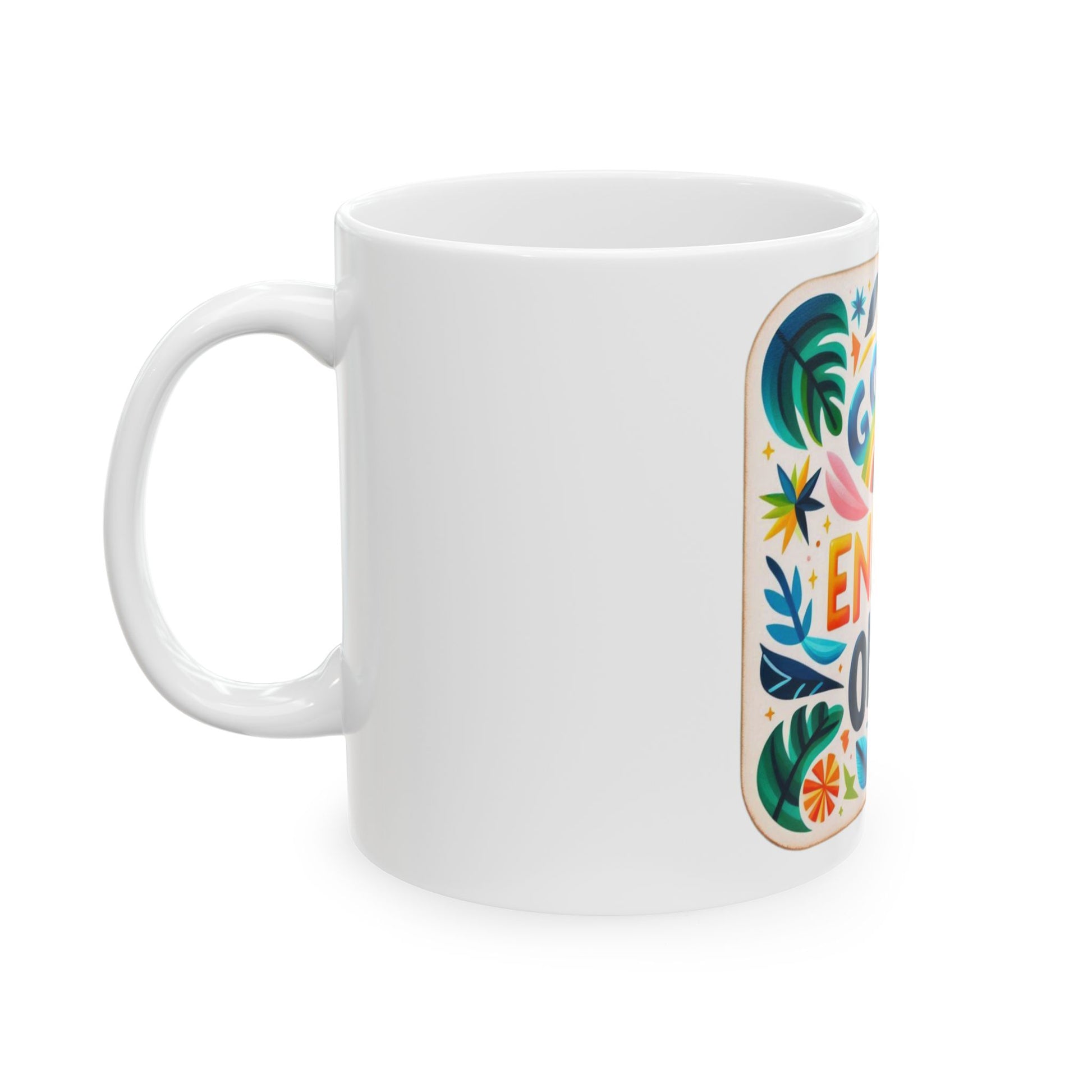 "DUO MODERN 'Good Energy Only' Ceramic Mug with colorful, vibrant design. Perfect for starting your morning with positive vibes and pure joy. Ideal for a cheerful, feel-good experience."