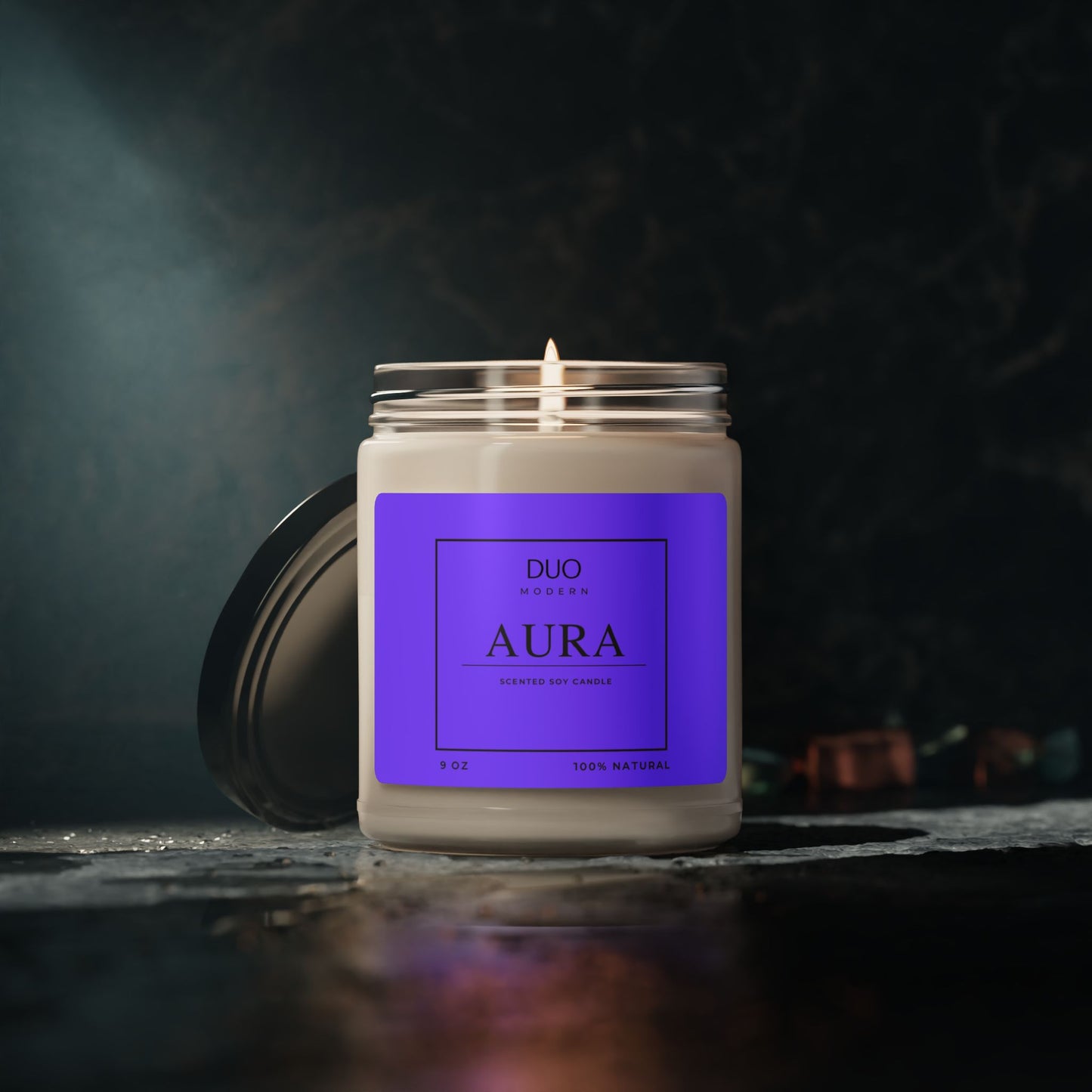 "DUO MODERN Aura Scented Soy Candle in Sea Salt + Orchid fragrance, 9 oz glass jar, clean-burning soy wax, luxurious home décor."