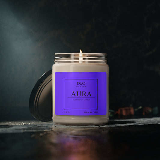 "DUO MODERN Aura Scented Soy Candle in Sea Salt + Orchid fragrance, 9 oz glass jar, clean-burning soy wax, luxurious home décor."