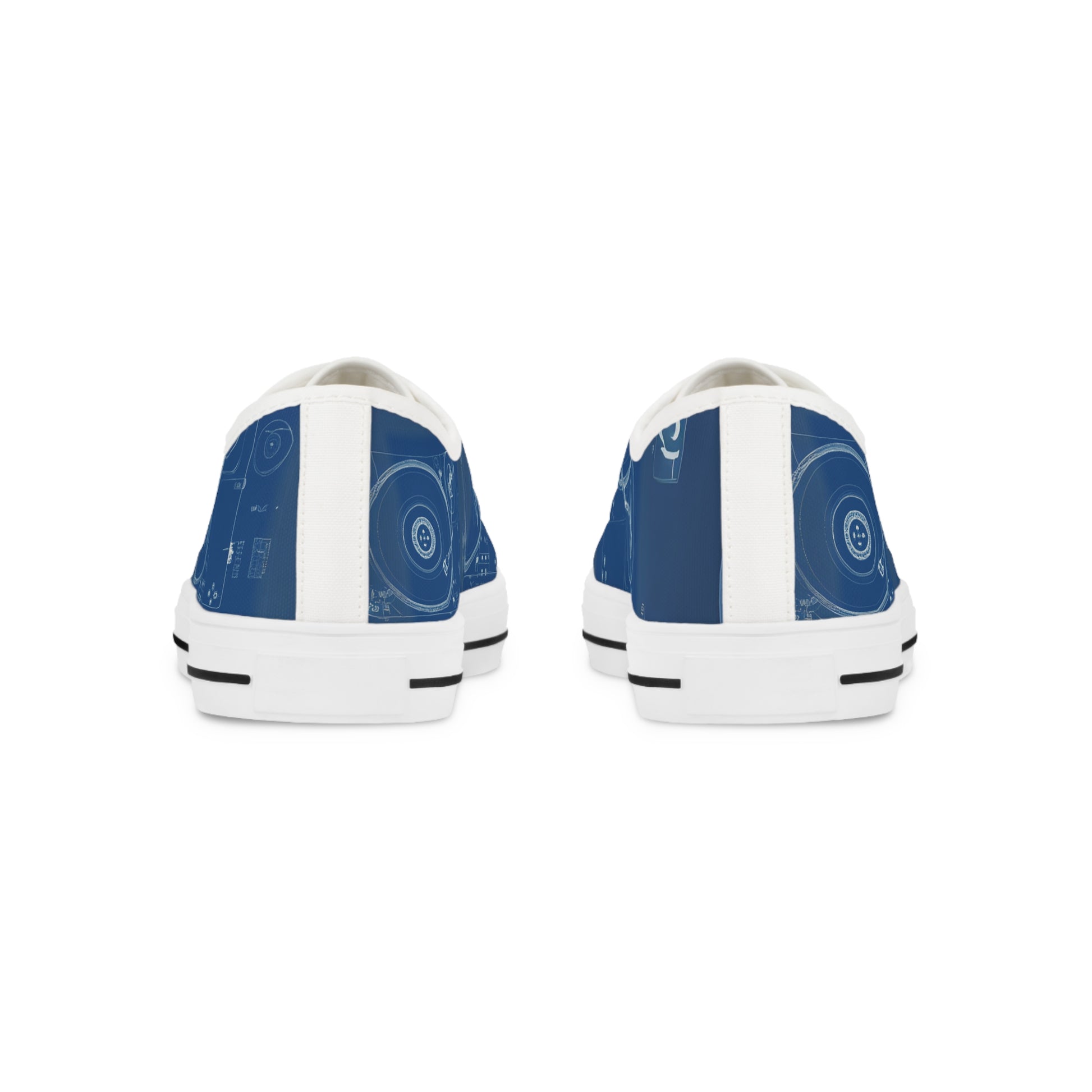 "DUO MODERN 'Don't Sweat the Technique' Unisex low-top sneakers in blue. Designed for music lovers who value authenticity in vinyl music. Stylish, comfortable, and versatile for teens, men, and women."