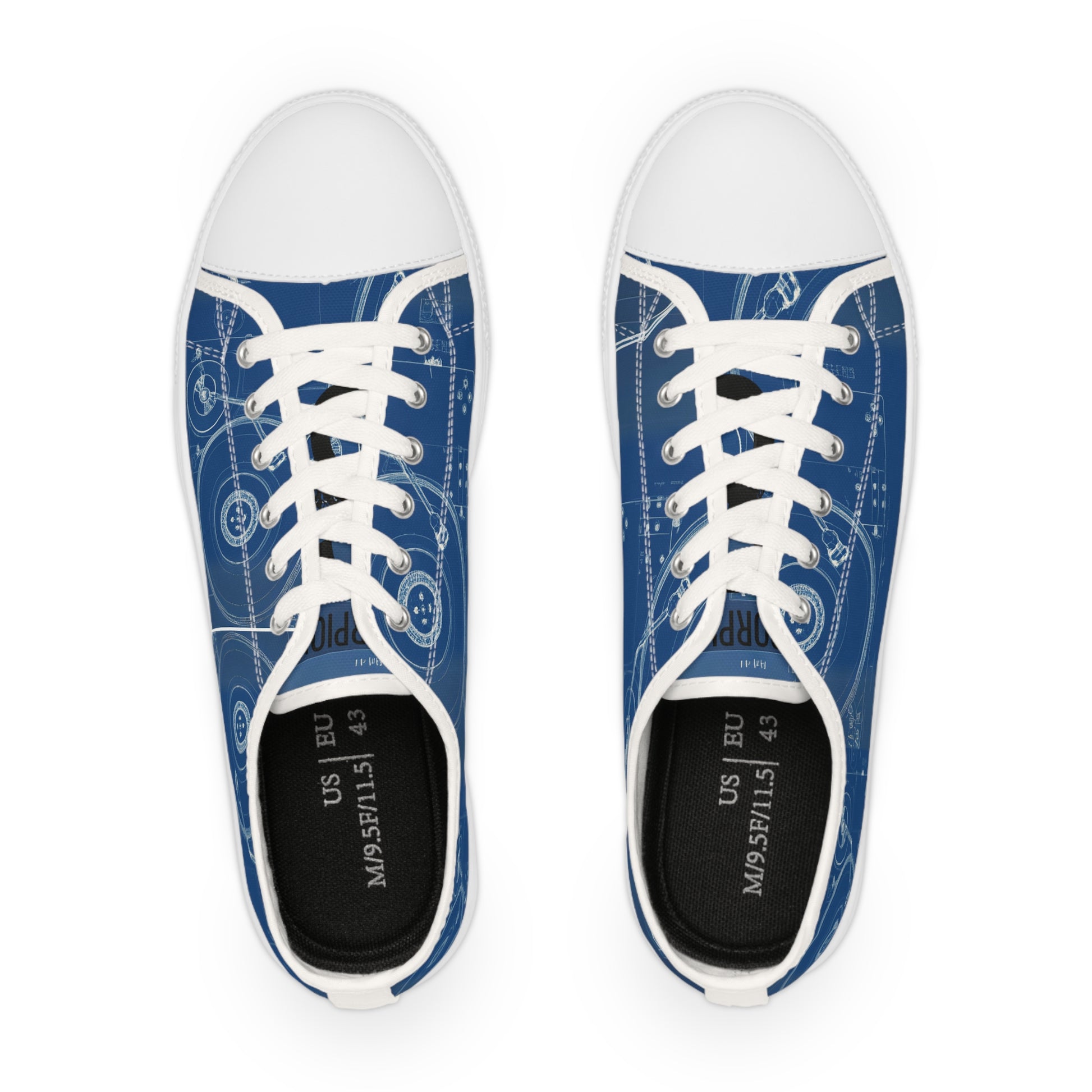 "DUO MODERN 'Don't Sweat the Technique' Unisex low-top sneakers in blue. Designed for music lovers who value authenticity in vinyl music. Stylish, comfortable, and versatile for teens, men, and women."