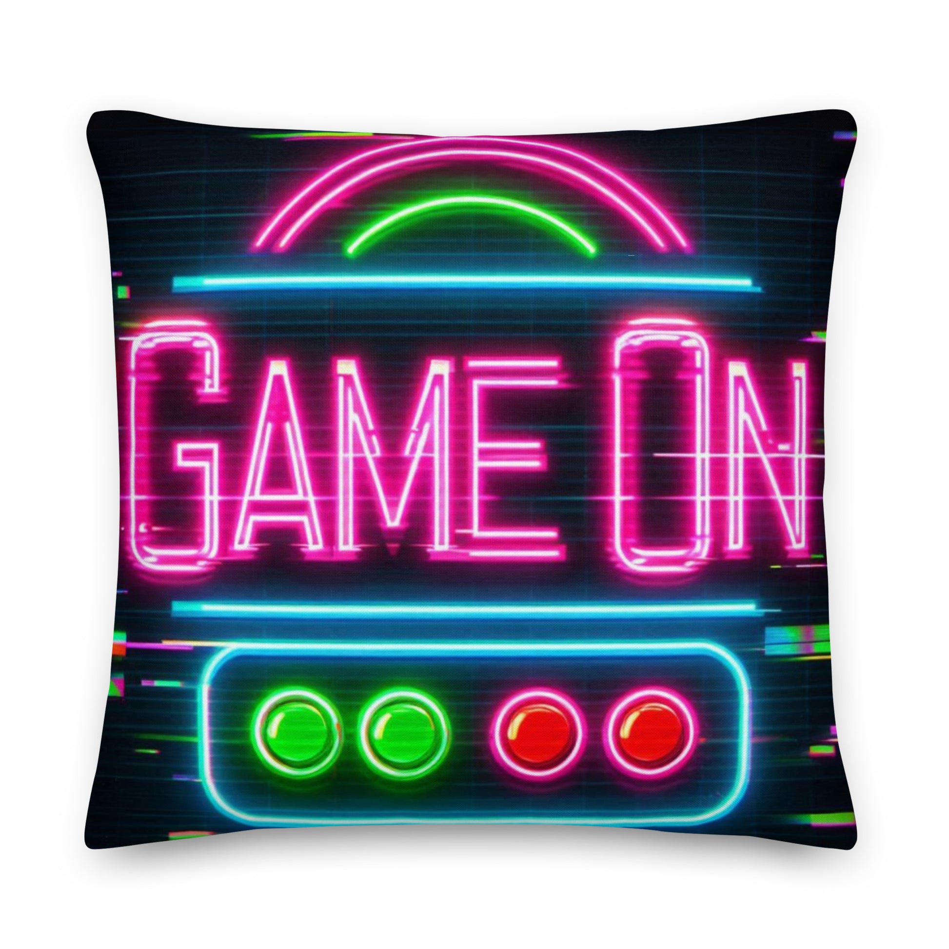 "DUO MODERN 'Game On' Premium Pillow with retro neon-bright colors and iconic controller design. Perfect for gamers, adding fun and luxury to any space. Blends nostalgic vibes with modern comfort."
