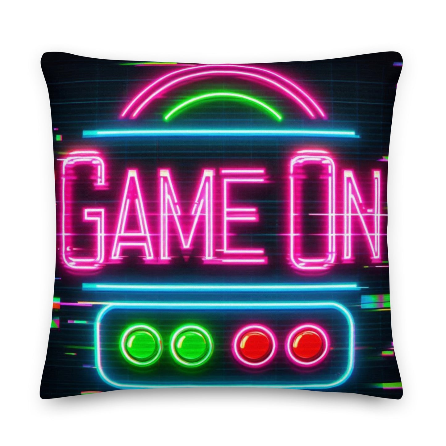 "DUO MODERN 'Game On' Premium Pillow with retro neon-bright colors and iconic controller design. Perfect for gamers, adding fun and luxury to any space. Blends nostalgic vibes with modern comfort."
