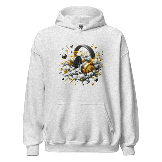 "DUO MODERN 'Gold Headphones' Hoodie. Classy, cool, and perfect for music lovers. Ideal for cooler nights, offering style and comfort. Ultimate gear for those ready to jam and vibe."