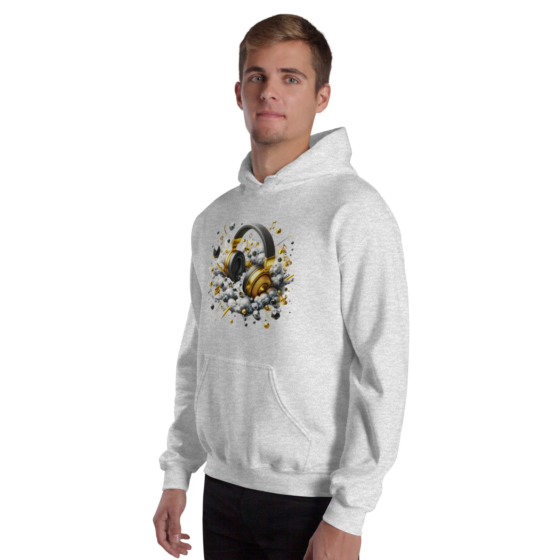 "DUO MODERN 'Gold Headphones' Hoodie. Classy, cool, and perfect for music lovers. Ideal for cooler nights, offering style and comfort. Ultimate gear for those ready to jam and vibe."