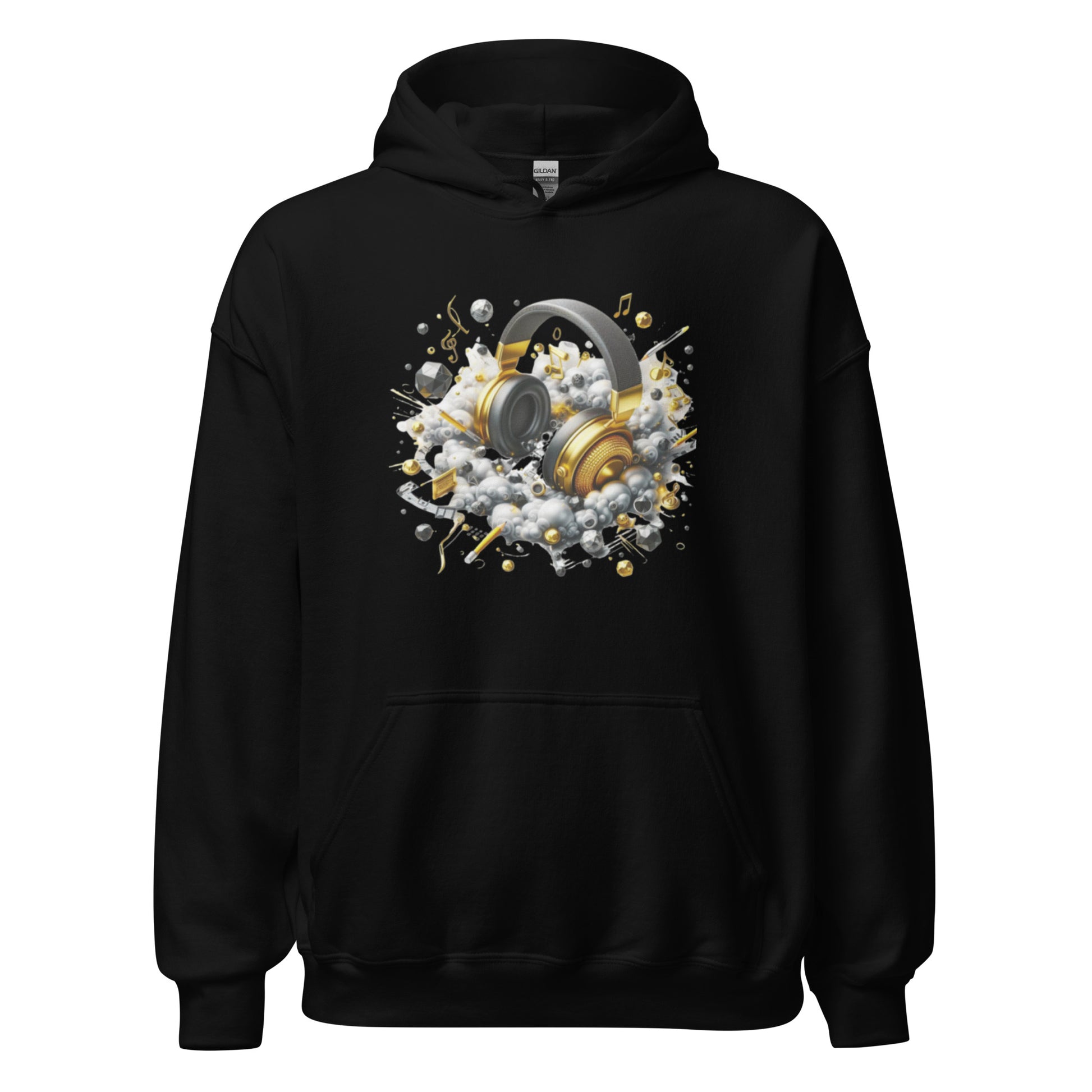 "DUO MODERN 'Gold Headphones' Hoodie. Classy, cool, and perfect for music lovers. Ideal for cooler nights, offering style and comfort. Ultimate gear for those ready to jam and vibe."