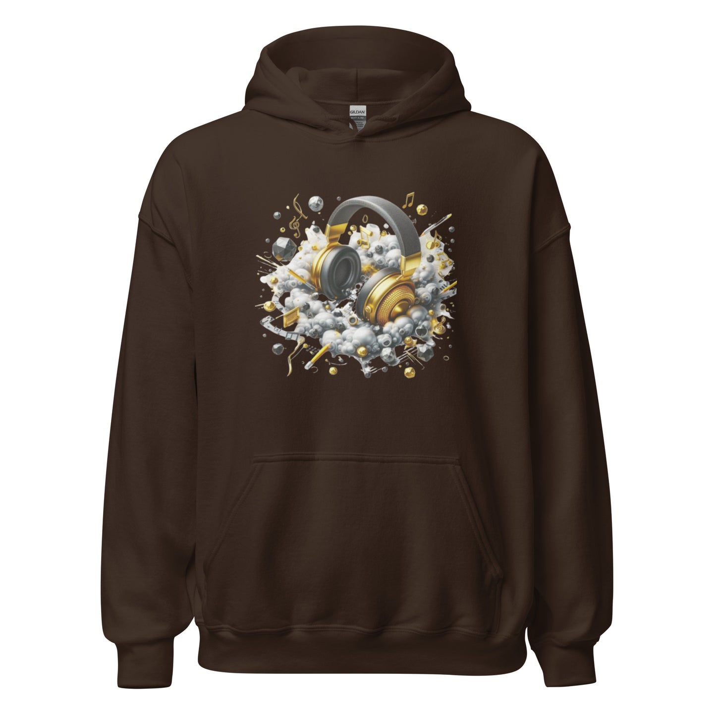 "DUO MODERN 'Gold Headphones' Hoodie. Classy, cool, and perfect for music lovers. Ideal for cooler nights, offering style and comfort. Ultimate gear for those ready to jam and vibe."