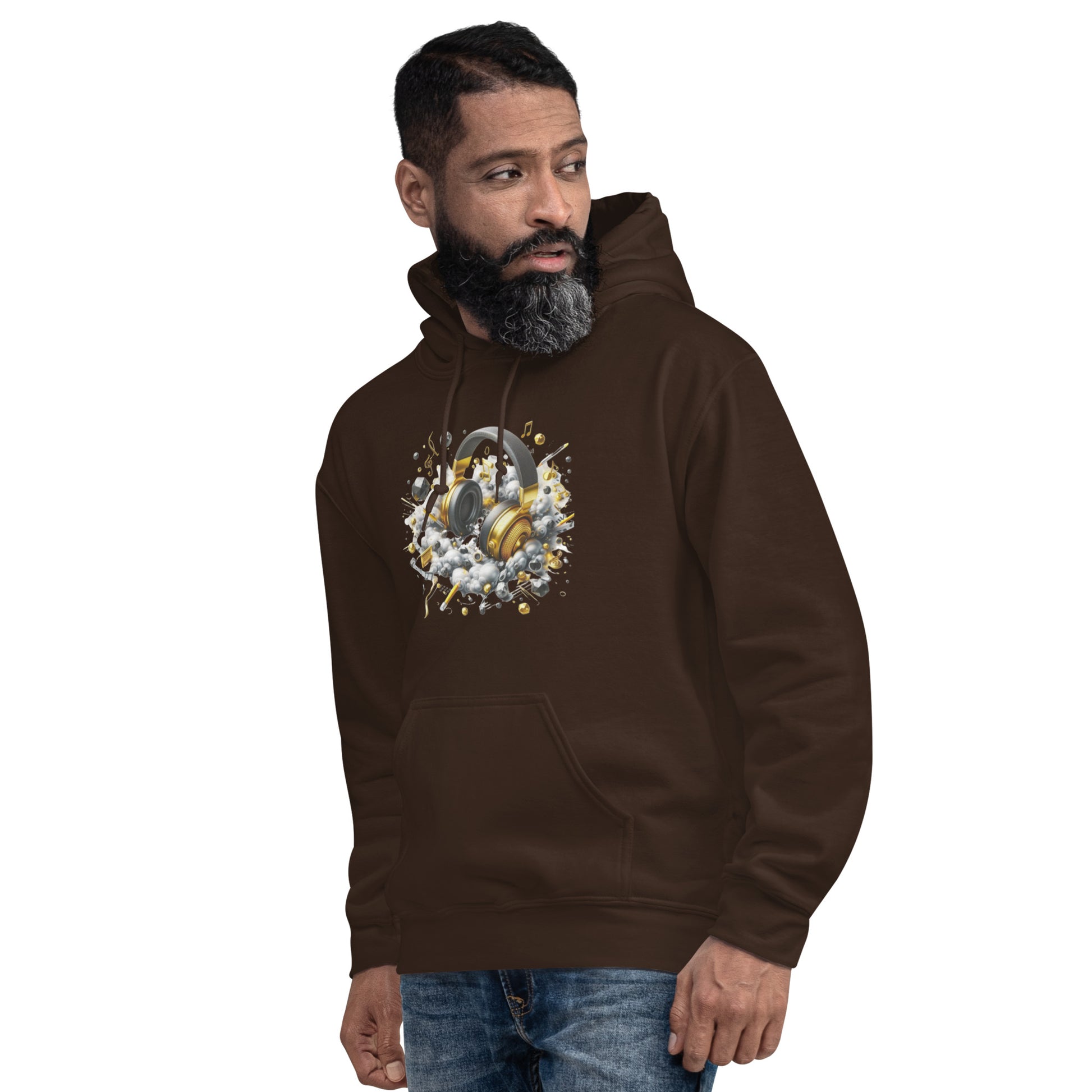 "DUO MODERN 'Gold Headphones' Hoodie. Classy, cool, and perfect for music lovers. Ideal for cooler nights, offering style and comfort. Ultimate gear for those ready to jam and vibe."