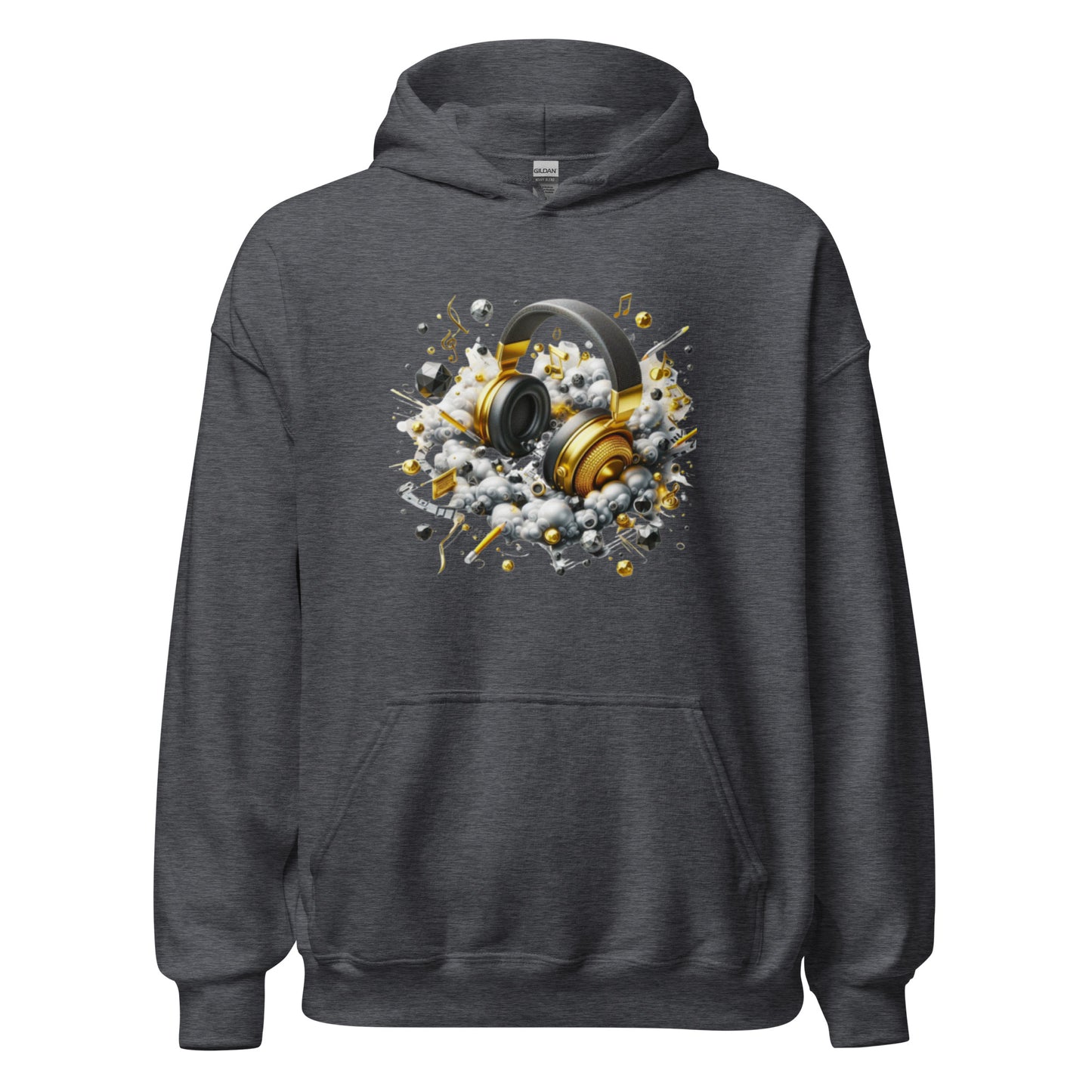 "DUO MODERN 'Gold Headphones' Hoodie. Classy, cool, and perfect for music lovers. Ideal for cooler nights, offering style and comfort. Ultimate gear for those ready to jam and vibe."