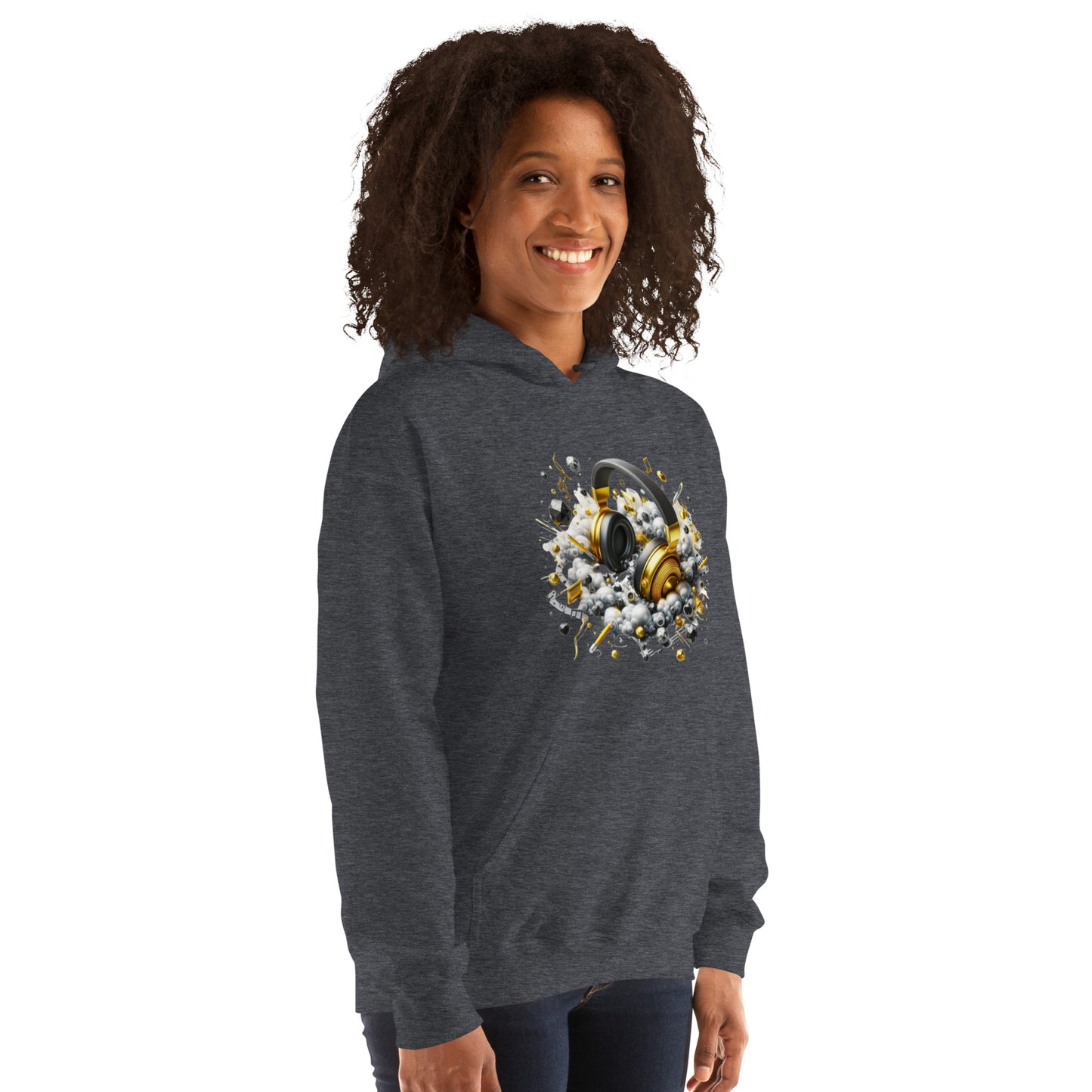 "DUO MODERN 'Gold Headphones' Hoodie. Classy, cool, and perfect for music lovers. Ideal for cooler nights, offering style and comfort. Ultimate gear for those ready to jam and vibe."