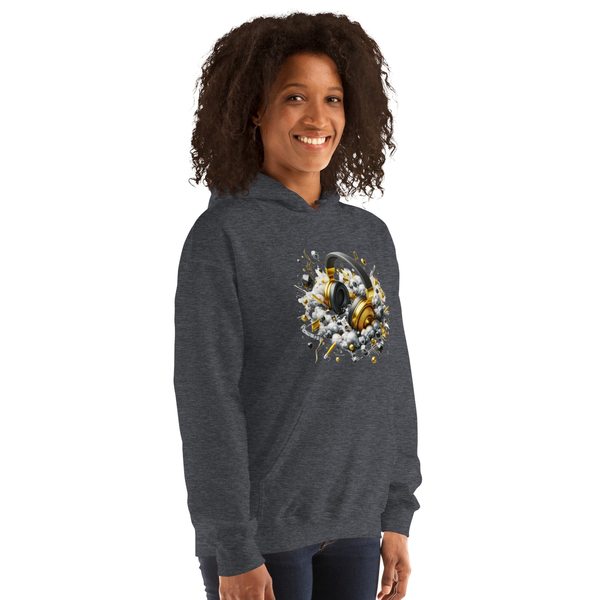 "DUO MODERN 'Gold Headphones' Hoodie. Classy, cool, and perfect for music lovers. Ideal for cooler nights, offering style and comfort. Ultimate gear for those ready to jam and vibe."