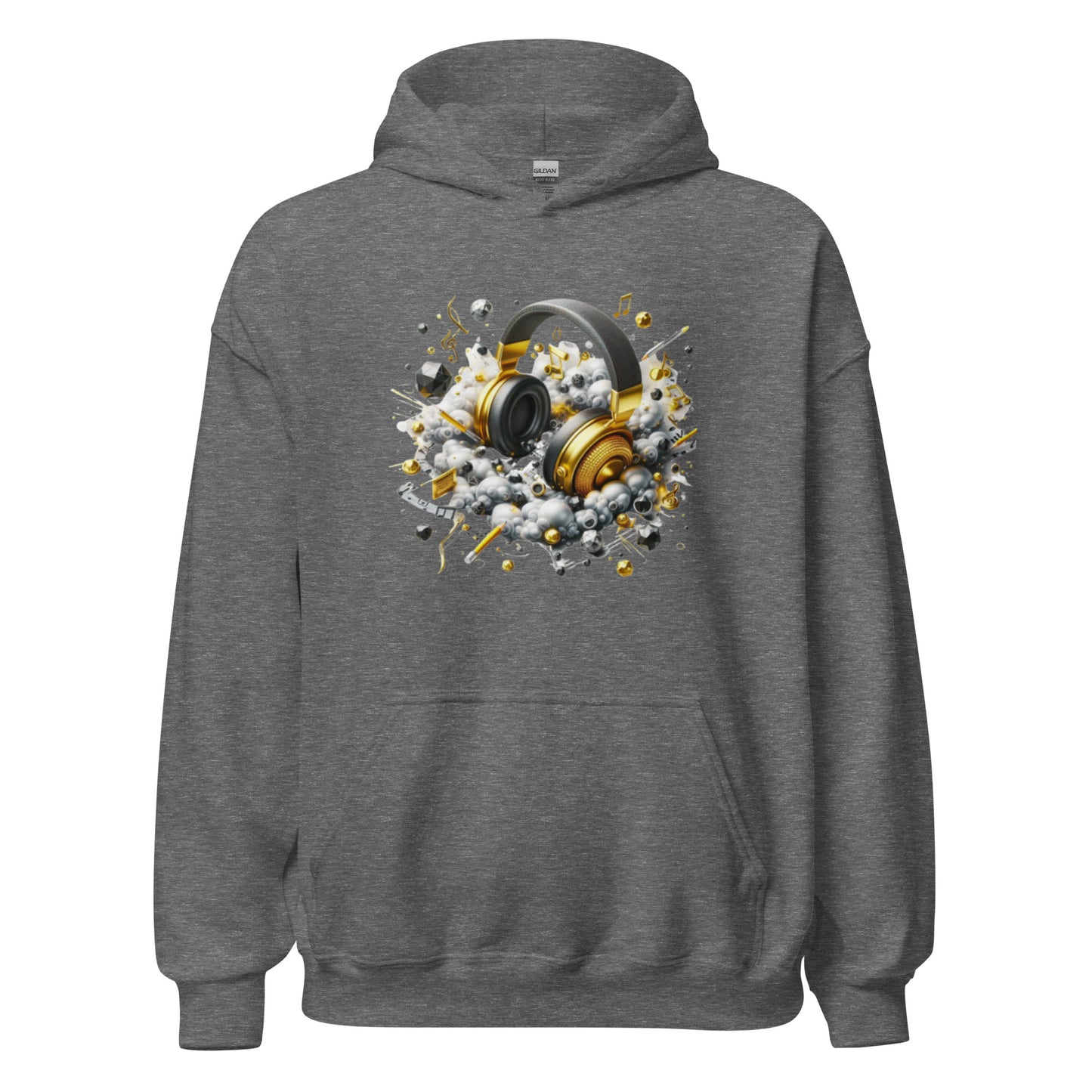 "DUO MODERN 'Gold Headphones' Hoodie. Classy, cool, and perfect for music lovers. Ideal for cooler nights, offering style and comfort. Ultimate gear for those ready to jam and vibe."