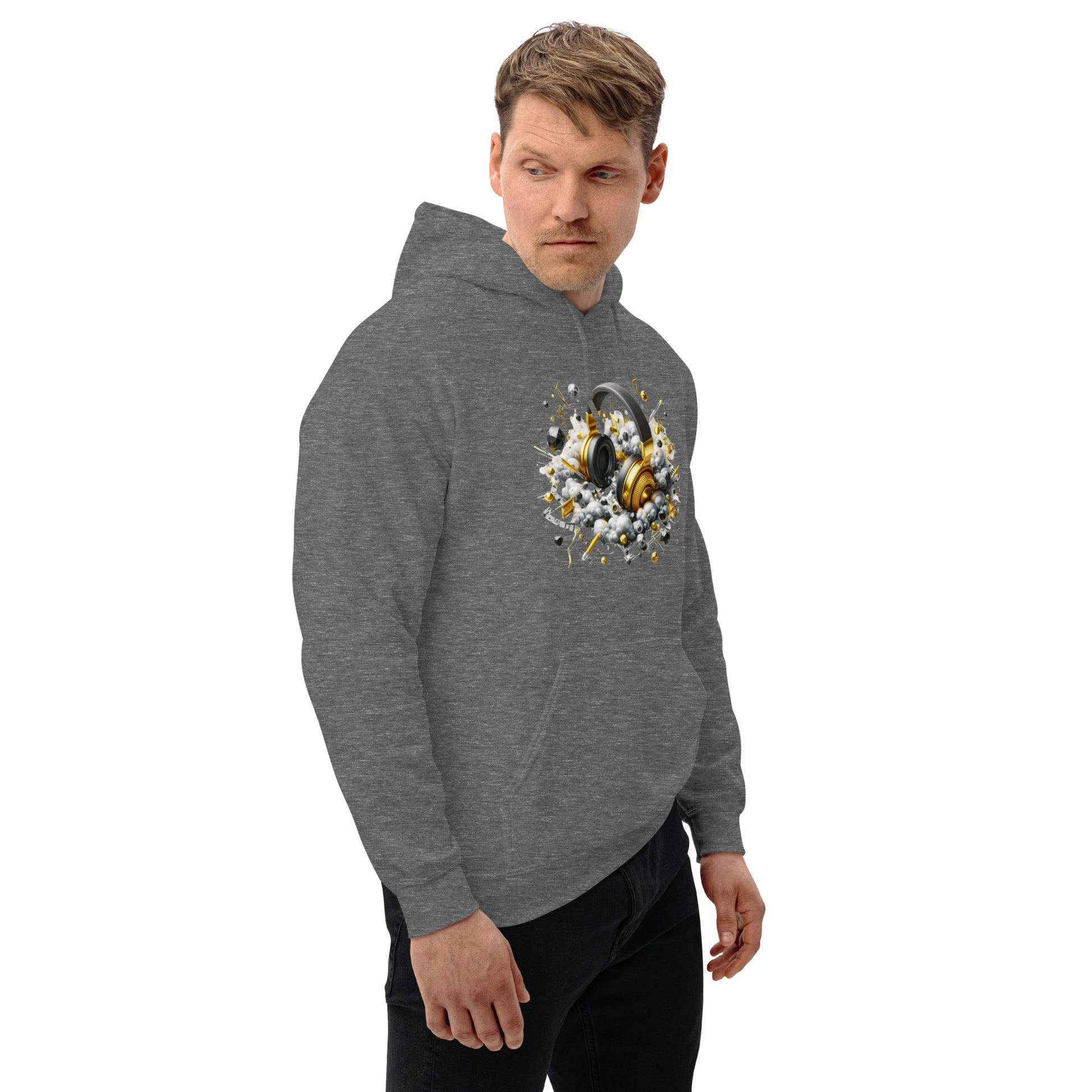 "DUO MODERN 'Gold Headphones' Hoodie. Classy, cool, and perfect for music lovers. Ideal for cooler nights, offering style and comfort. Ultimate gear for those ready to jam and vibe."