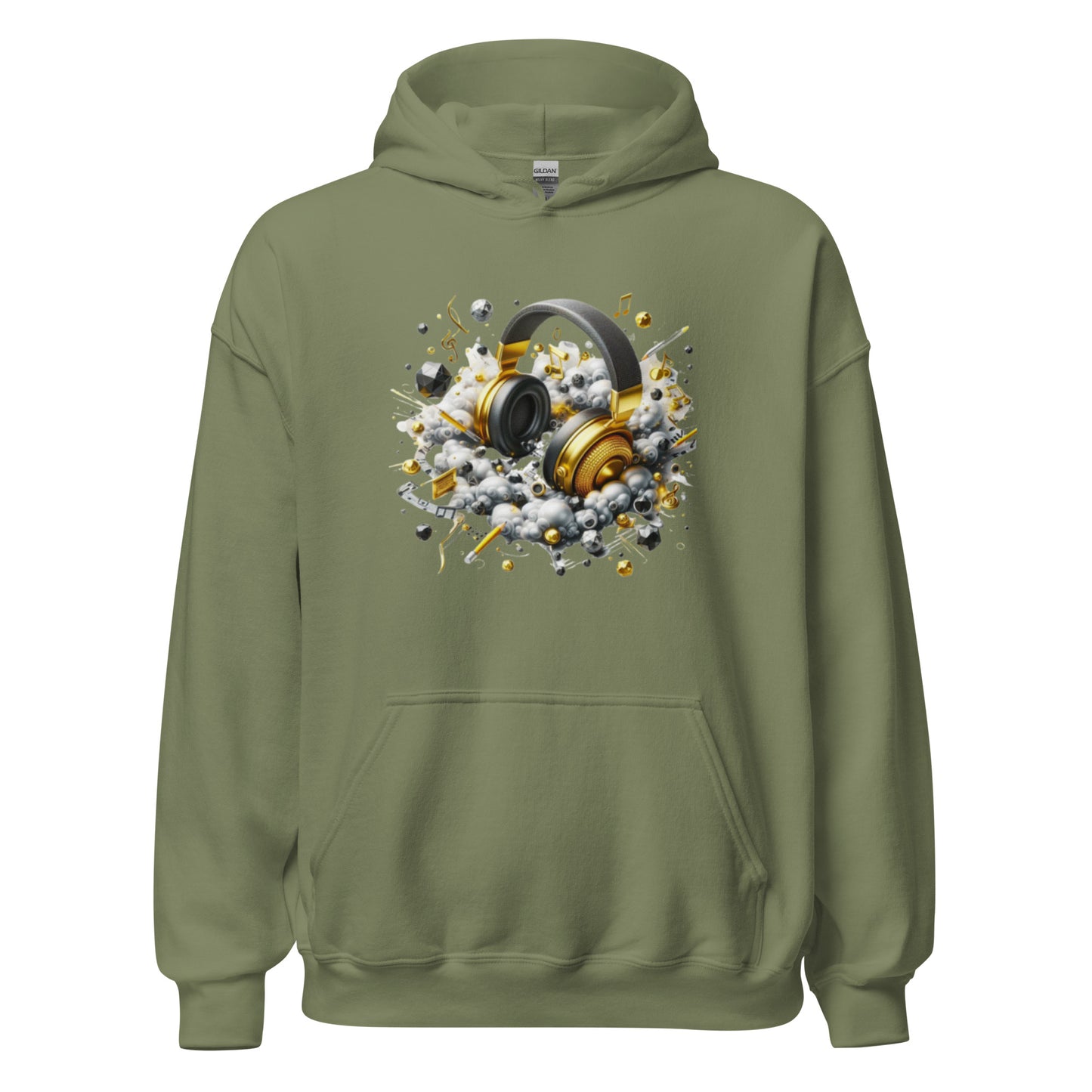 "DUO MODERN 'Gold Headphones' Hoodie. Classy, cool, and perfect for music lovers. Ideal for cooler nights, offering style and comfort. Ultimate gear for those ready to jam and vibe."