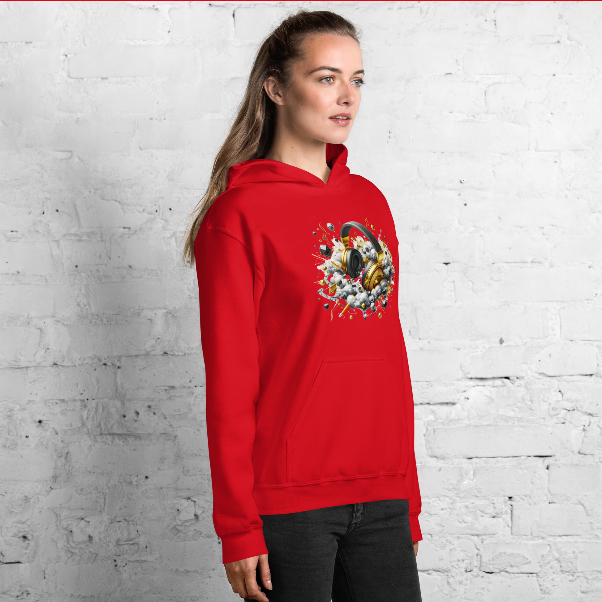 "DUO MODERN 'Gold Headphones' Hoodie. Classy, cool, and perfect for music lovers. Ideal for cooler nights, offering style and comfort. Ultimate gear for those ready to jam and vibe."