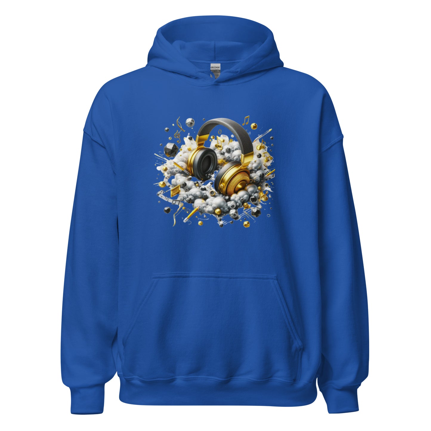 "DUO MODERN 'Gold Headphones' Hoodie. Classy, cool, and perfect for music lovers. Ideal for cooler nights, offering style and comfort. Ultimate gear for those ready to jam and vibe."