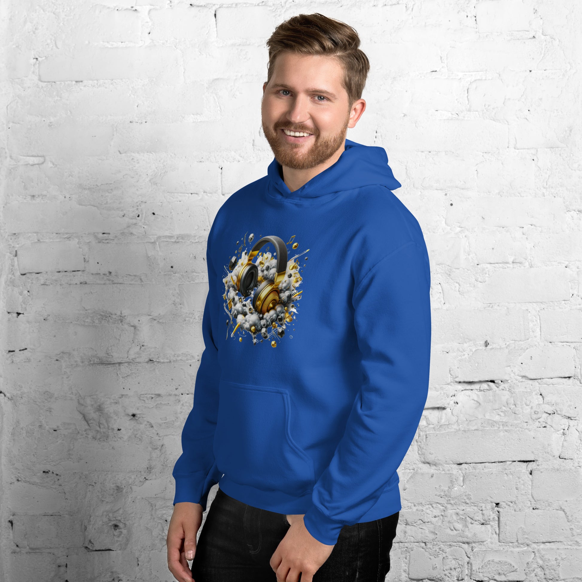 "DUO MODERN 'Gold Headphones' Hoodie. Classy, cool, and perfect for music lovers. Ideal for cooler nights, offering style and comfort. Ultimate gear for those ready to jam and vibe."