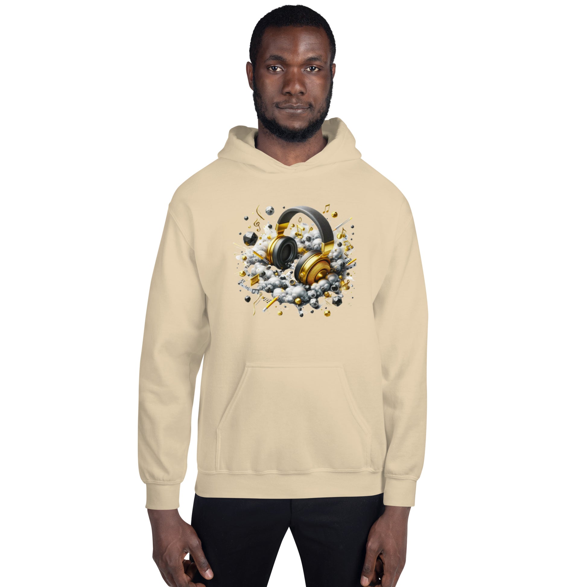 "DUO MODERN 'Gold Headphones' Hoodie. Classy, cool, and perfect for music lovers. Ideal for cooler nights, offering style and comfort. Ultimate gear for those ready to jam and vibe."