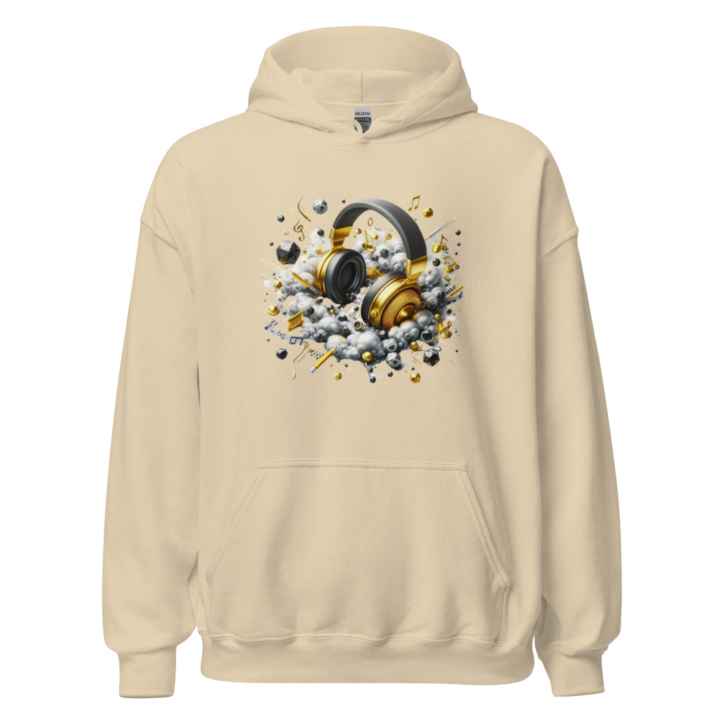 "DUO MODERN 'Gold Headphones' Hoodie. Classy, cool, and perfect for music lovers. Ideal for cooler nights, offering style and comfort. Ultimate gear for those ready to jam and vibe."