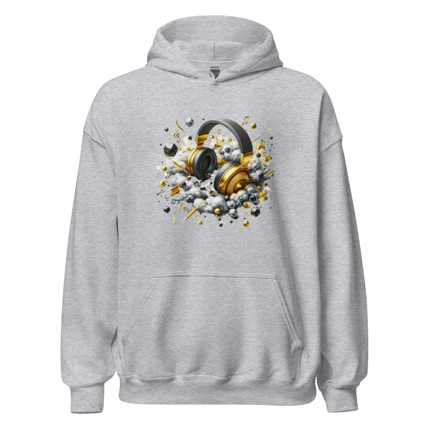 "DUO MODERN 'Gold Headphones' Hoodie. Classy, cool, and perfect for music lovers. Ideal for cooler nights, offering style and comfort. Ultimate gear for those ready to jam and vibe."