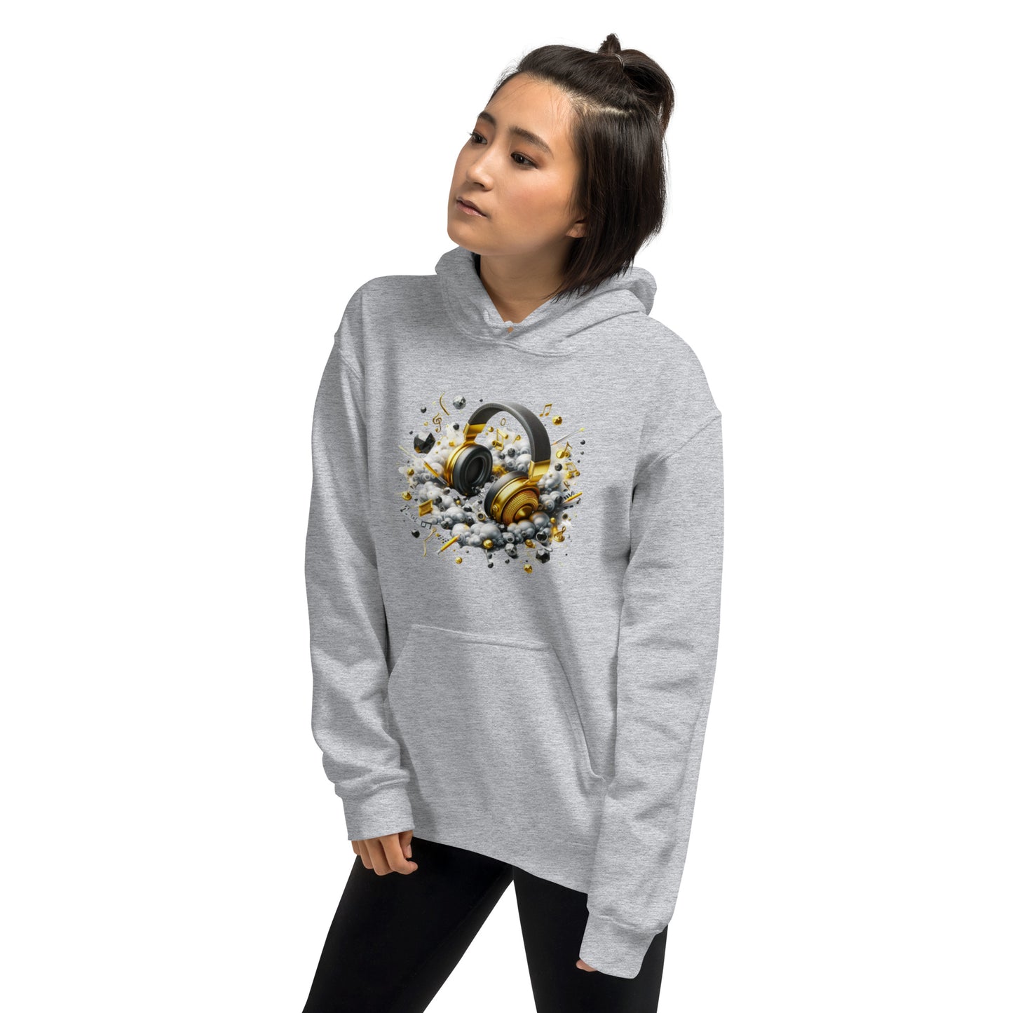 "DUO MODERN 'Gold Headphones' Hoodie. Classy, cool, and perfect for music lovers. Ideal for cooler nights, offering style and comfort. Ultimate gear for those ready to jam and vibe."