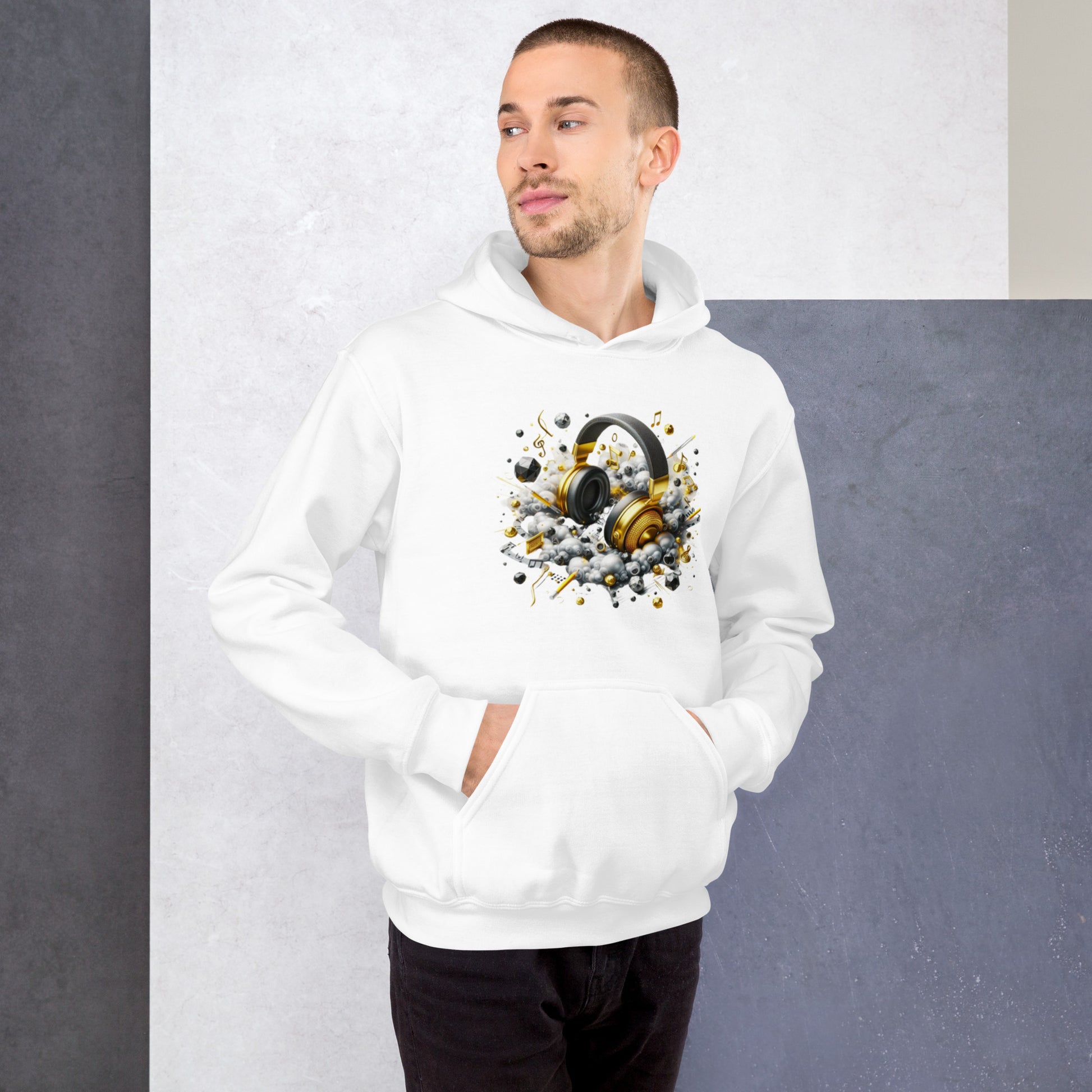 "DUO MODERN 'Gold Headphones' Hoodie. Classy, cool, and perfect for music lovers. Ideal for cooler nights, offering style and comfort. Ultimate gear for those ready to jam and vibe."