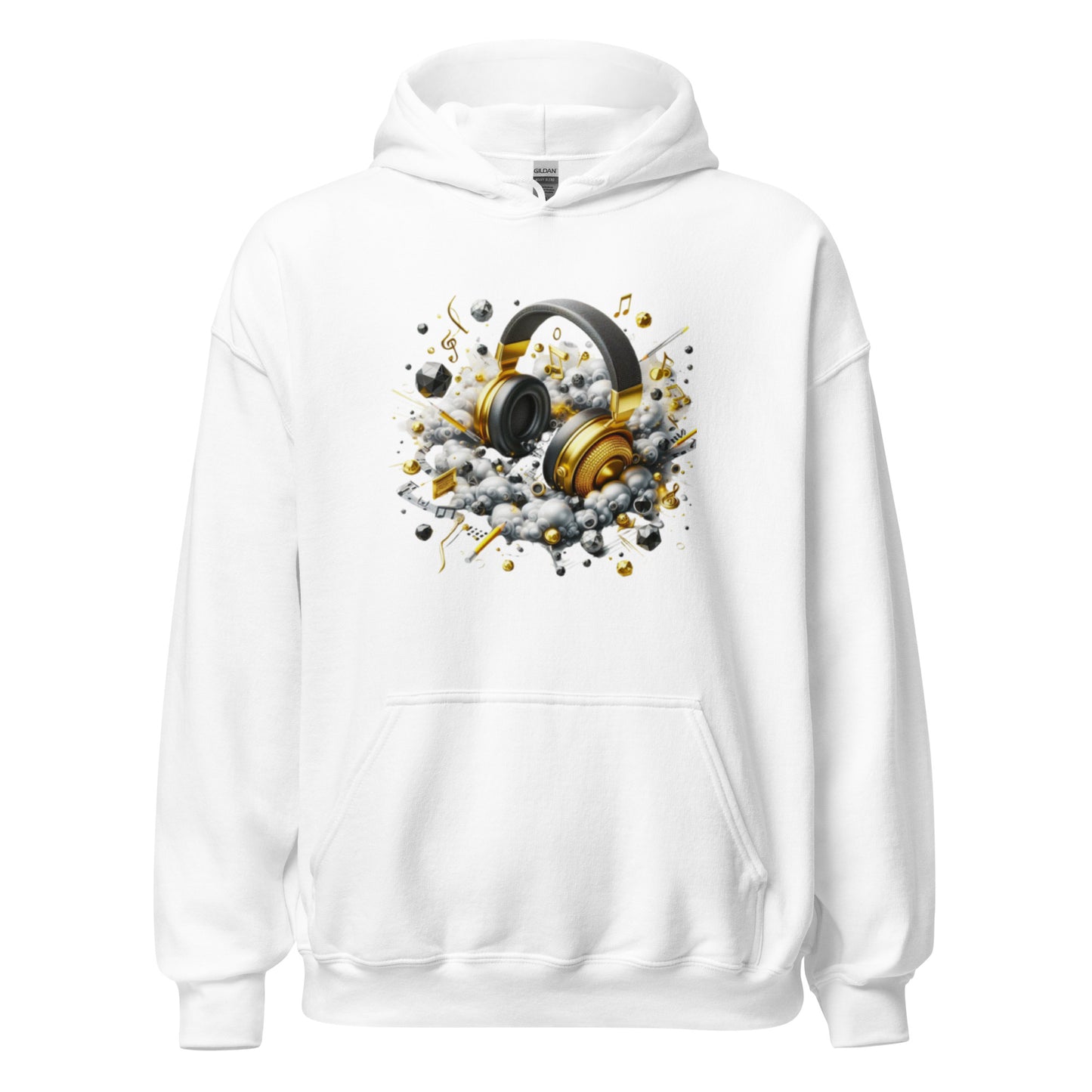 "DUO MODERN 'Gold Headphones' Hoodie. Classy, cool, and perfect for music lovers. Ideal for cooler nights, offering style and comfort. Ultimate gear for those ready to jam and vibe."