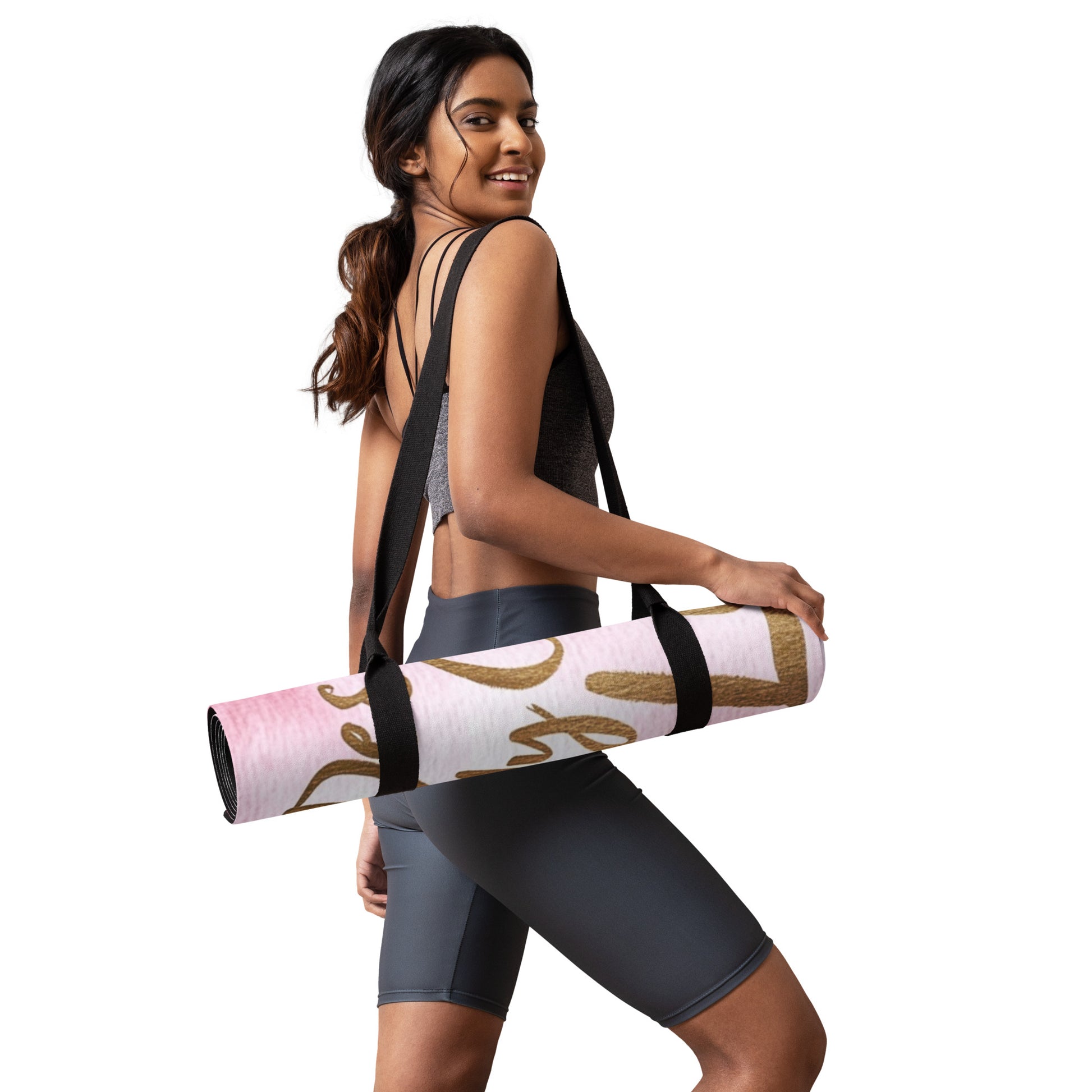 "DUO MODERN 'Designer of My Own Life' Yoga Mat in pink blush with gold font. Perfect for exercise, meditation, or stretching. Offers stability, comfort, and portability. Enhances your practice with style and functionality."