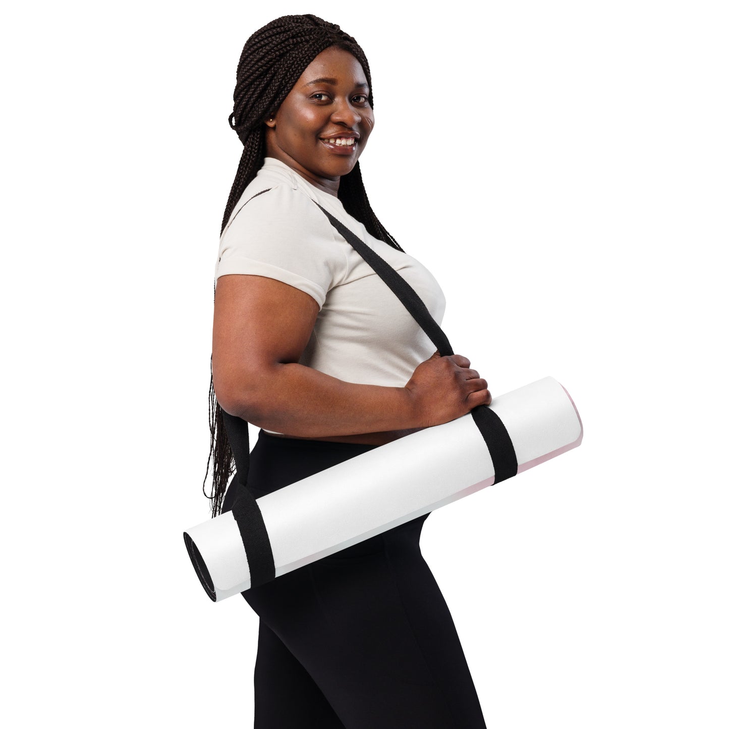 "DUO MODERN 'Designer of My Own Life' Yoga Mat in pink blush with gold font. Perfect for exercise, meditation, or stretching. Offers stability, comfort, and portability. Enhances your practice with style and functionality."