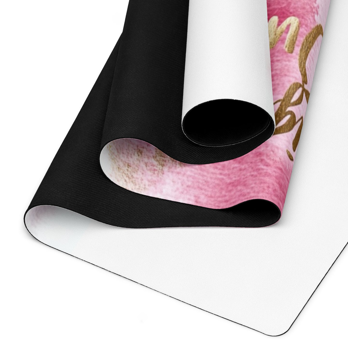 "DUO MODERN 'Designer of My Own Life' Yoga Mat in pink blush with gold font. Perfect for exercise, meditation, or stretching. Offers stability, comfort, and portability. Enhances your practice with style and functionality."
